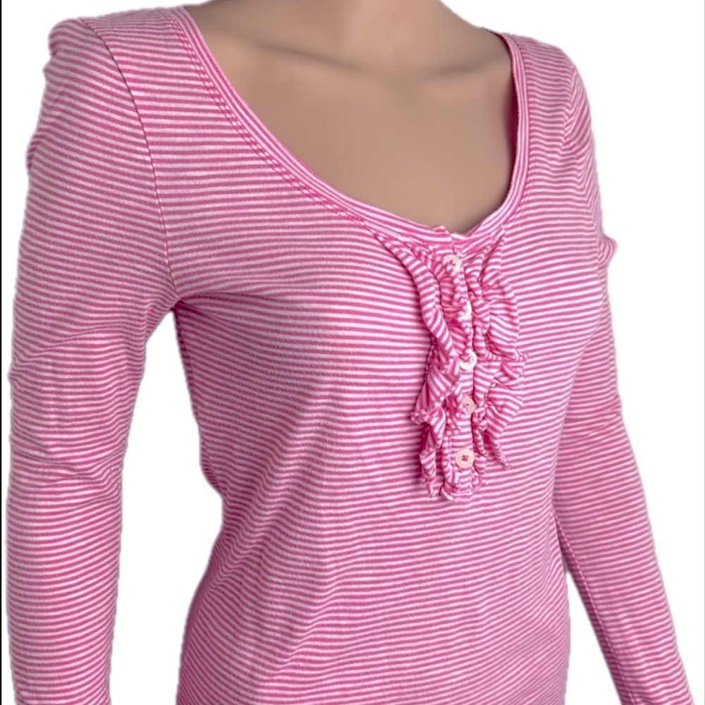 Long sleeve cotton stripe ruffle Henley scoop neck T-shirt Barbie Barbiecore